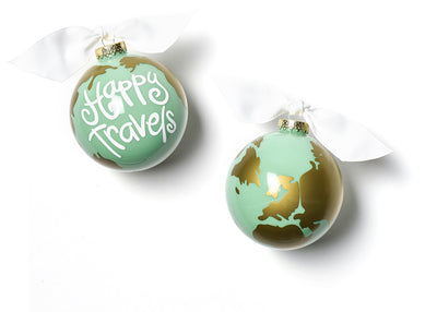 White Writing Happy Travels on Mint Green Ornament with White Bow