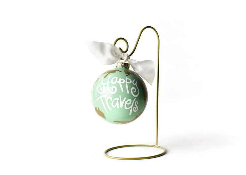 Happy Travels Ornament Displayed on Metal Ornament Stand