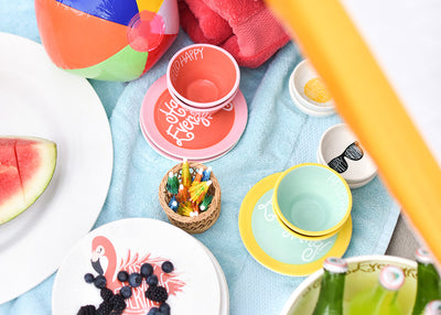 Appetizer Bowl in Mint Hello Happy Design on Beach-themed Tablescape with Coordinating Happy Everything! Serveware