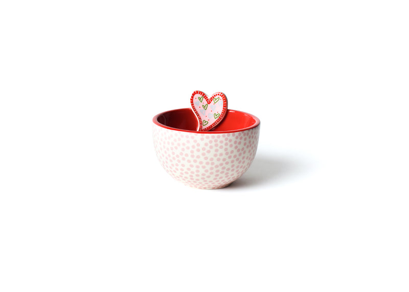 Pink Dots on White Exterior with Red Interior Heart Embellishment Bowl