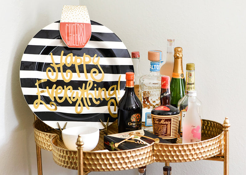 Cheers to the Bar with a Big Happy Everything! Round Serving Platter in Black Stripe Design