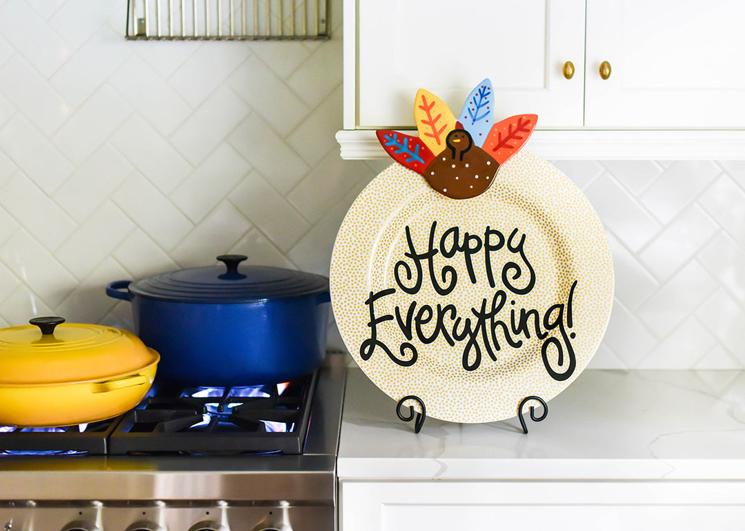 Home Decor for Thanksgiving Using Gold Small Dot Big Round Serving Platter with Turkey Attachment