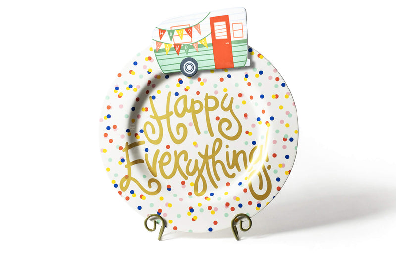 Colorful Dots on Big Round Serving Platter Happy Everything in Gold Writing and Camper Attachment