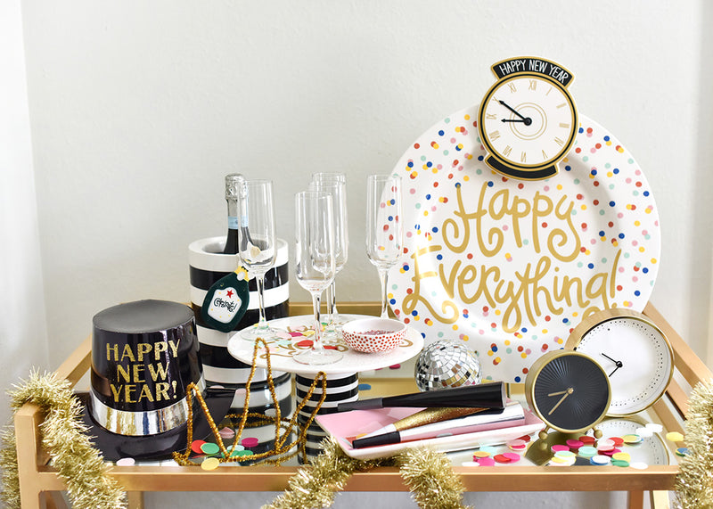 Party Decor Including Big Round Serving Platter in Happy Dot Design with Happy New Year Attachment