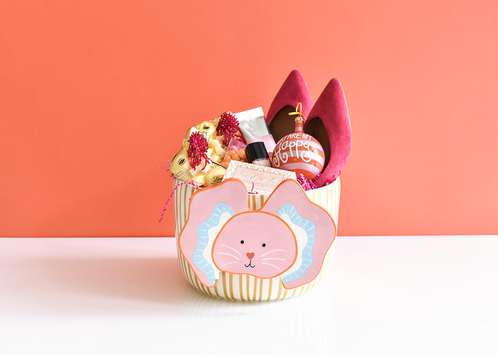 Gift of Gold Stripe Big Happy Everything! Bowl with Pink Bunny Attachment
