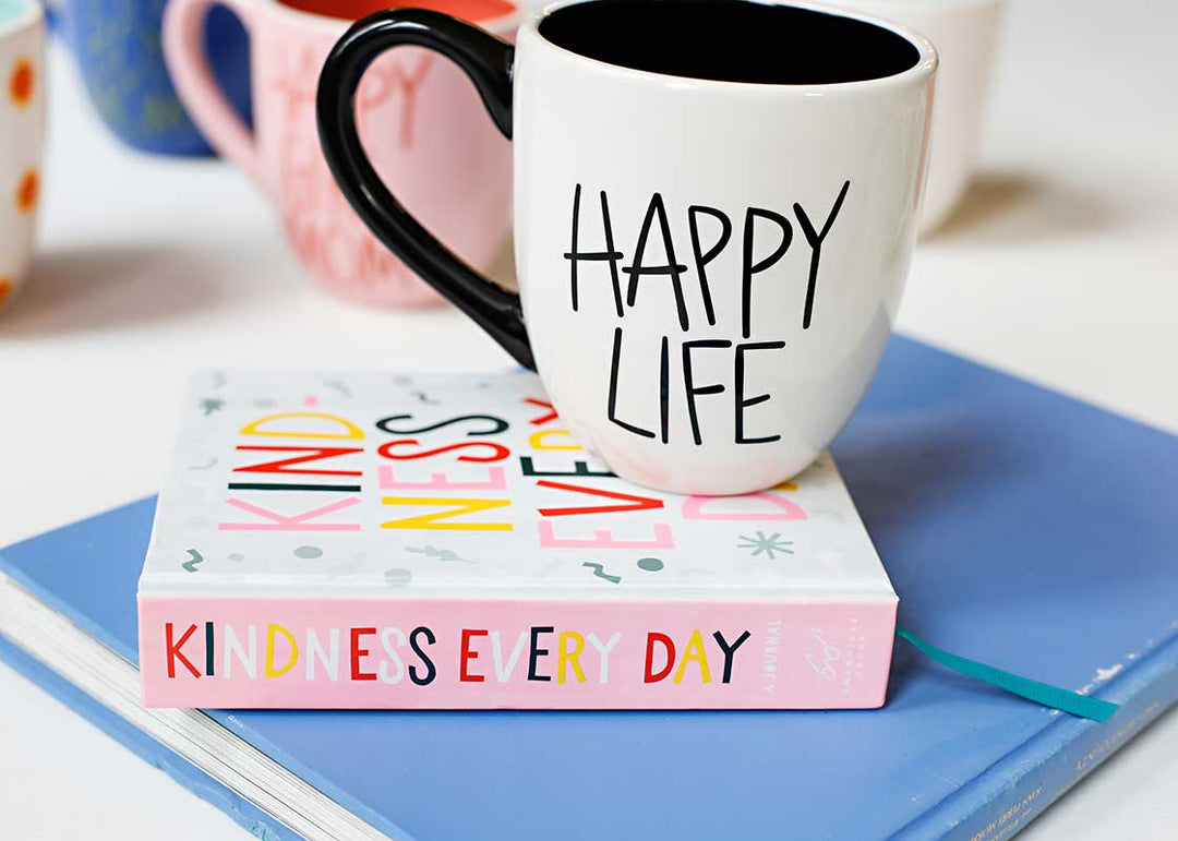 Black Writing Happy Life White Mug