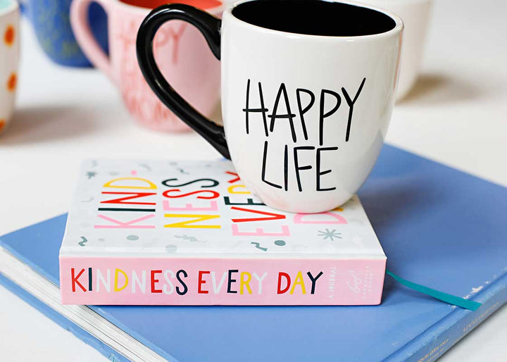 Black Writing Happy Life White Mug