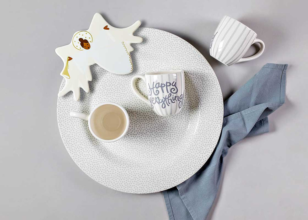 Neutral Palette Serveware Including Happy Everything! Stone Skinny Stripe Mug