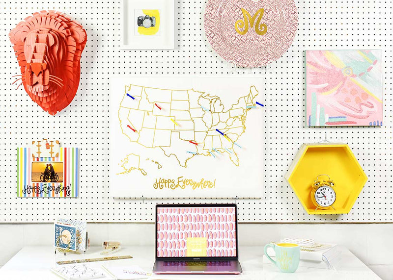 Home Decor Happy Everywhere US Map Outlined in Gold