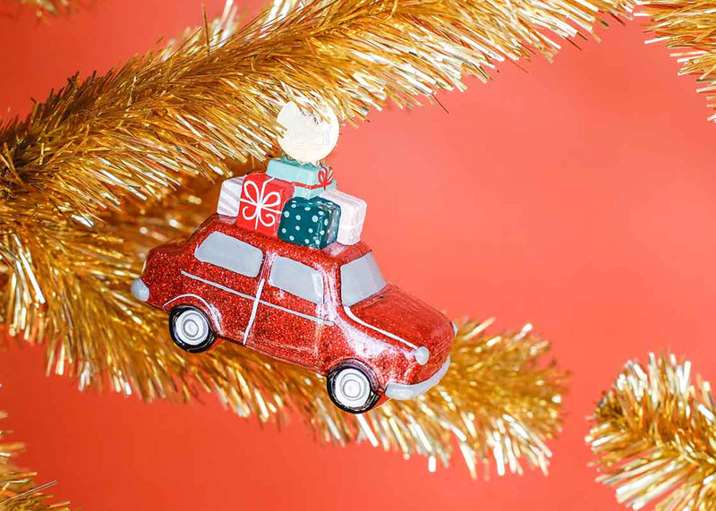 Shaped Ornament Holiday Car Design on Gold Tinsel Treee