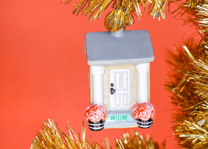 House Welcome Shaped Ornament on Gold Tinsel Tree