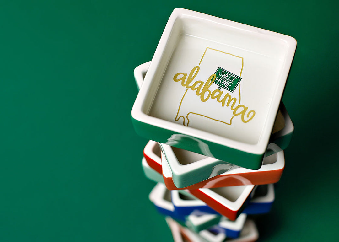 Stack of State Motif Trinket Bowls Topped by Alabama