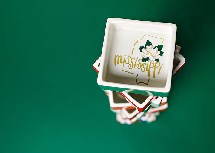 Stack of Sqaure Trinket Bowls Including Mississippi Motif