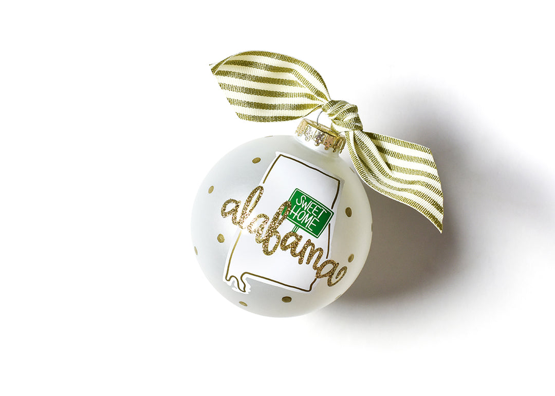 Glass Ornament with Alabama Motif and Gold Striped Ribbon
