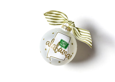Glass Ornament with Alabama Motif and Gold Striped Ribbon