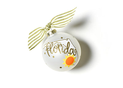 Glass Ornament with Florida Motif and Gold Striped Ribbon