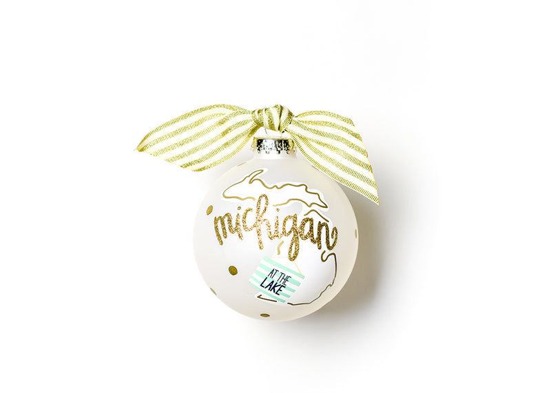 Michigan Glass Ornament with Gold Dots and Gold Striped Ribbon