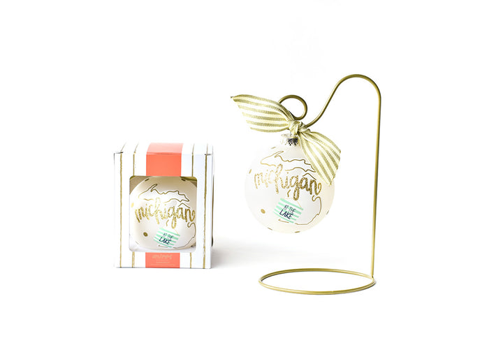 Michigan Glass Ornament on Ornament Stand with Custom Gift Box
