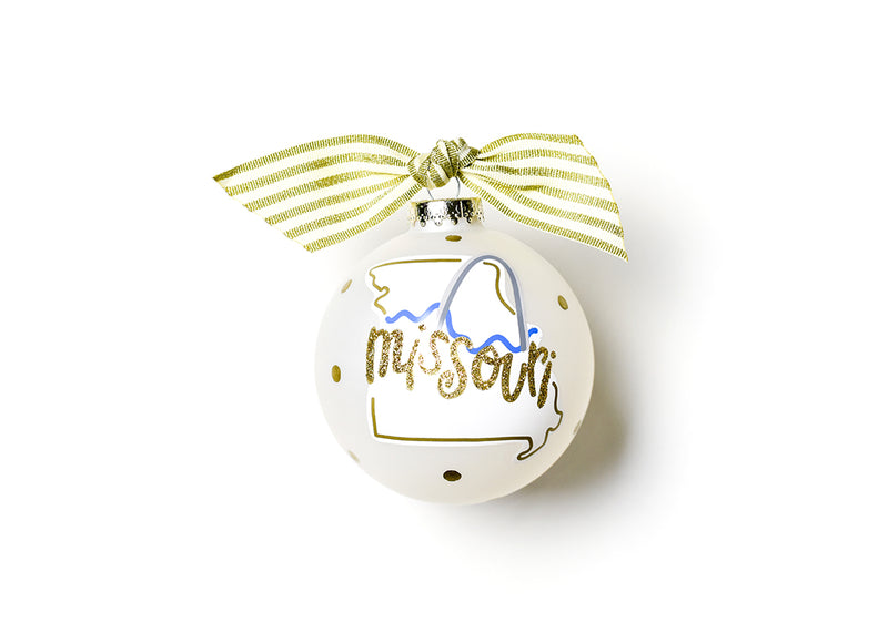 Missouri Ornament with Gold Dots and Gold Striped Ribbon