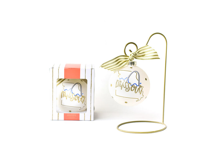 Missouri Motif Glass Ornament on Ornament Stand with Custom Gift Box