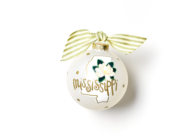 Mississippi Ornament with Gold Dots and Gold Striped Ribbon