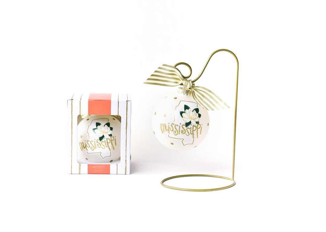 Mississippi Glass Ornament on Ornament Stand with Custom Gift Box