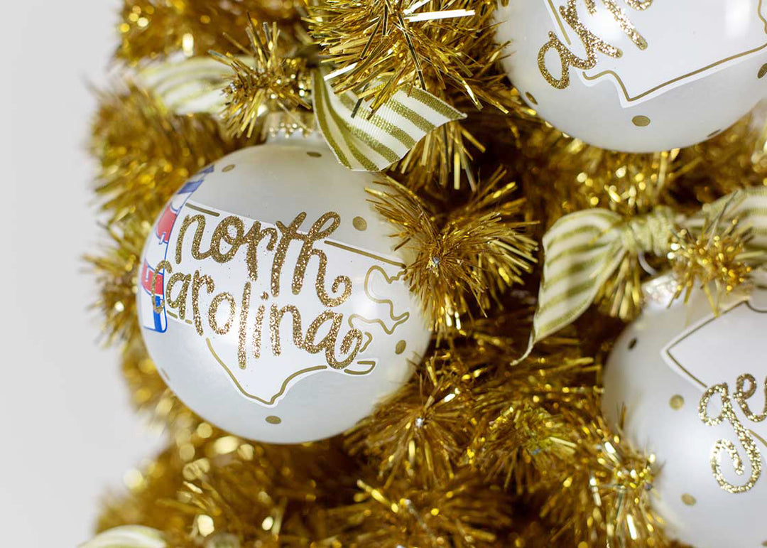 North Carolina Ornament on Gold Tinsel Tree
