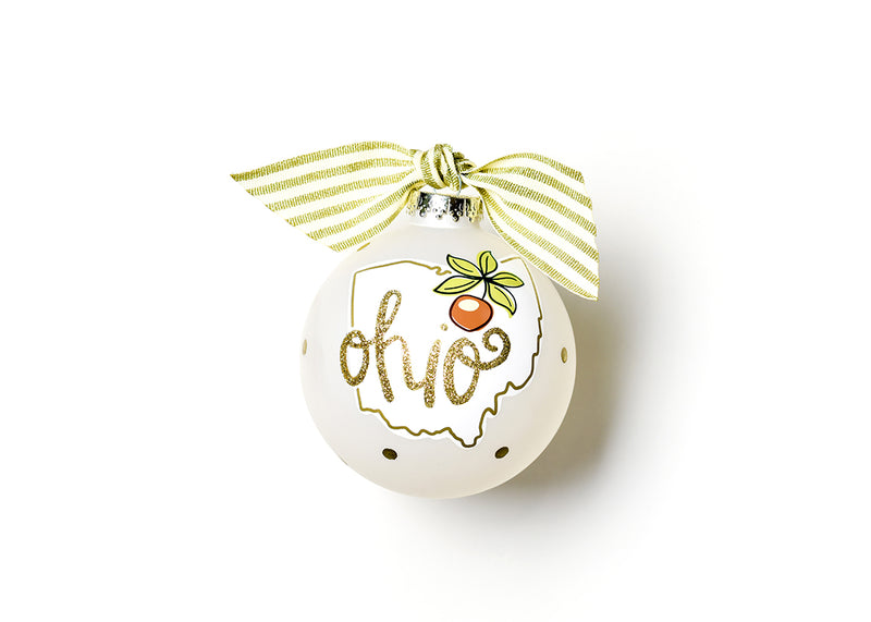 Glass Ohio Ornament with Gold Dots and Gold Striped Ribbon