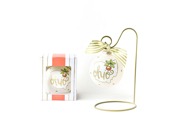 Ohio Motif Glass Ornament on Ornament Stand with Custom Gift Box