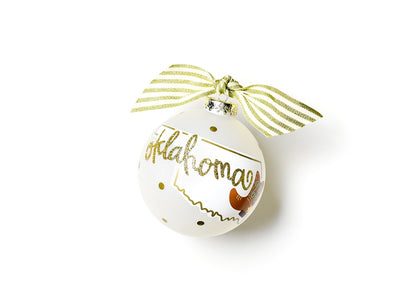 Glass Oklahoma Motif Ornament with Gold Dots and Gold Striped Ribbon