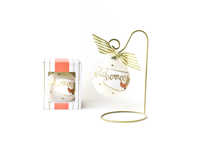 Oklahoma Motif Glass Ornament on Ornament Stand with Custom Gift Box