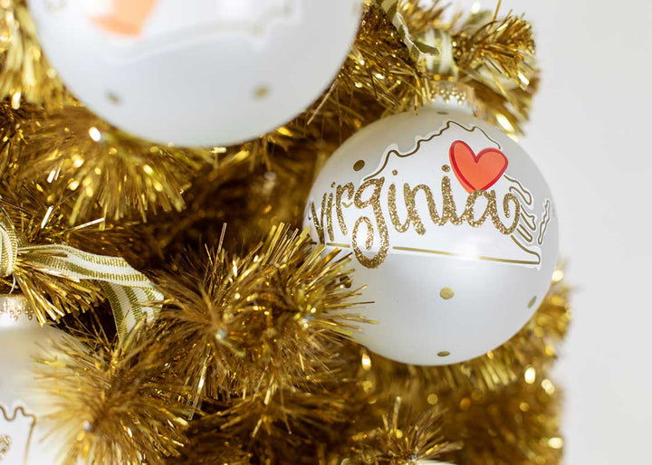 Virginia Glass Ornament on Gold Tinsel Tree