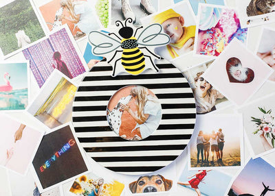 Photo Collage Surrounding Bee Mini Attachment on Black Stripe Mini Frame