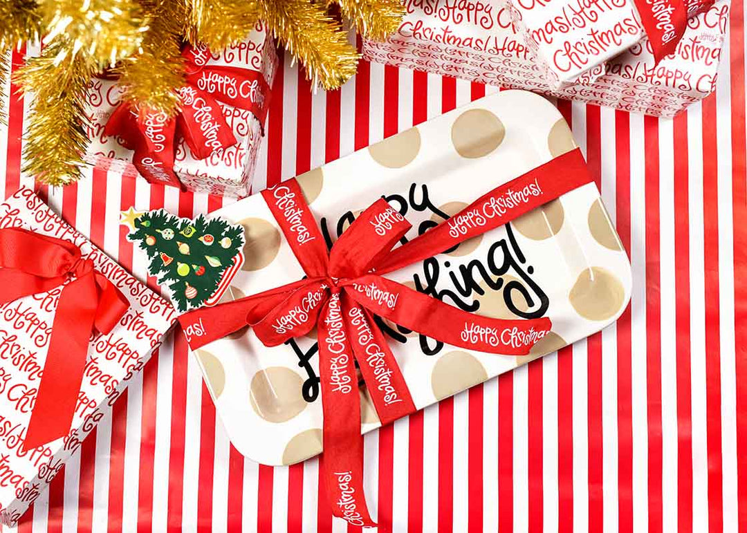 Neutral Dot Mini Platter Wrapped with Happy Christmas! Ribbon and Embellished with Christmas Tree Mini Attachment