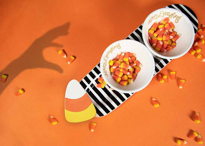 Candy Corn Mini Attachment on Black Stripe Mini Entertaining Skinny Oval Platter with Bowls of Candy Corn