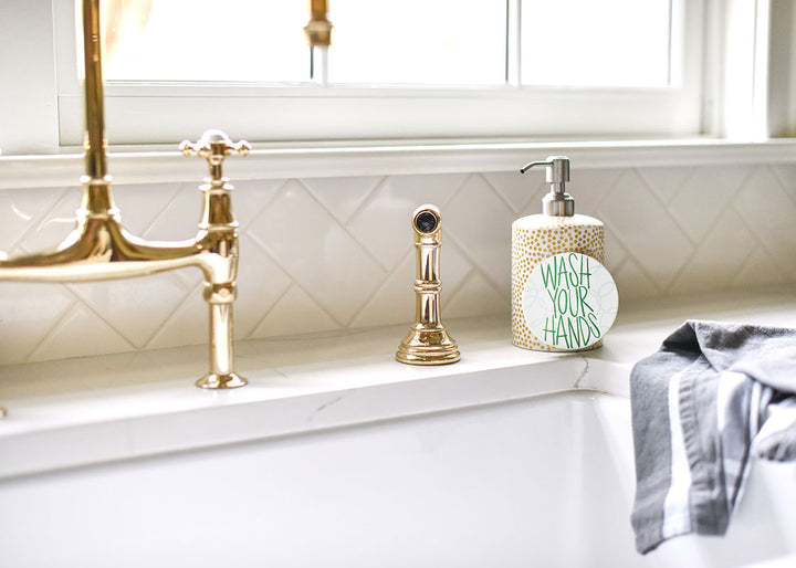 Wash Your Hands Attachment on Gold Small Dot Soap Pump by Kitchen Sink