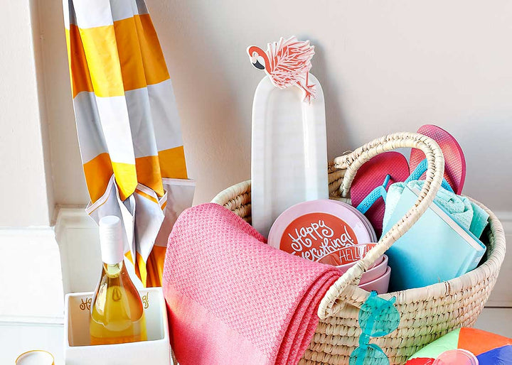 Beach-themed Basket with Flamingo Mini Attachment on White Stripe Mini Entertaining Skinny Oval Platter