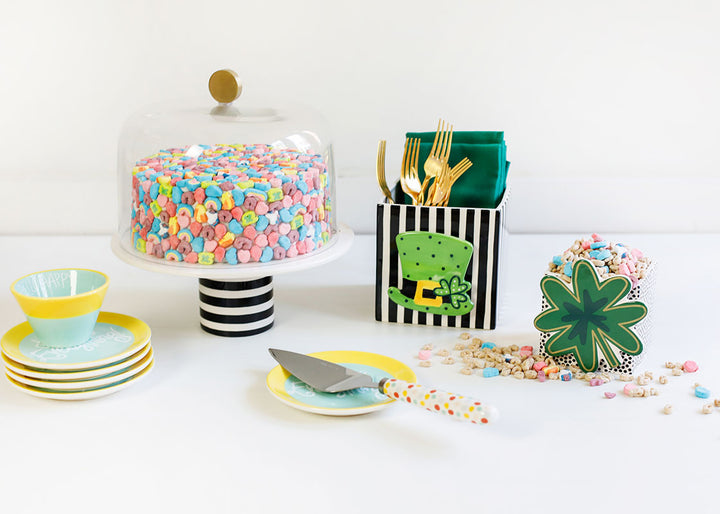 St. Patrick's Day Tablescape with Big and Mini Nesting Cubes Black and White Happy Everything! Designs