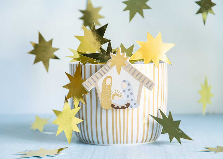 Gold Stripe Mini Happy Everything! Bowl with Neutral Nativity Mini Attachment