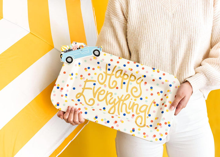 Woman Holding Mini Rectangle Happy Dot Platter with Summer Car Mini Attachment