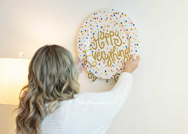 Bright Dot Happy Everything! Big Round Serving Platter as Home Decor on Gold Swirl Plate Stand