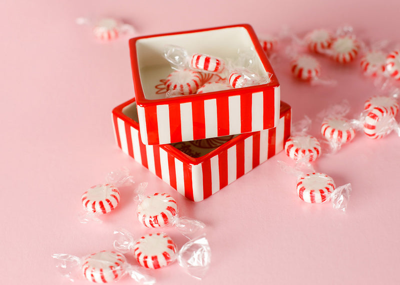 Peppermint Candies in Red Striped Happy Christmas Peppermint Trinket Bowl