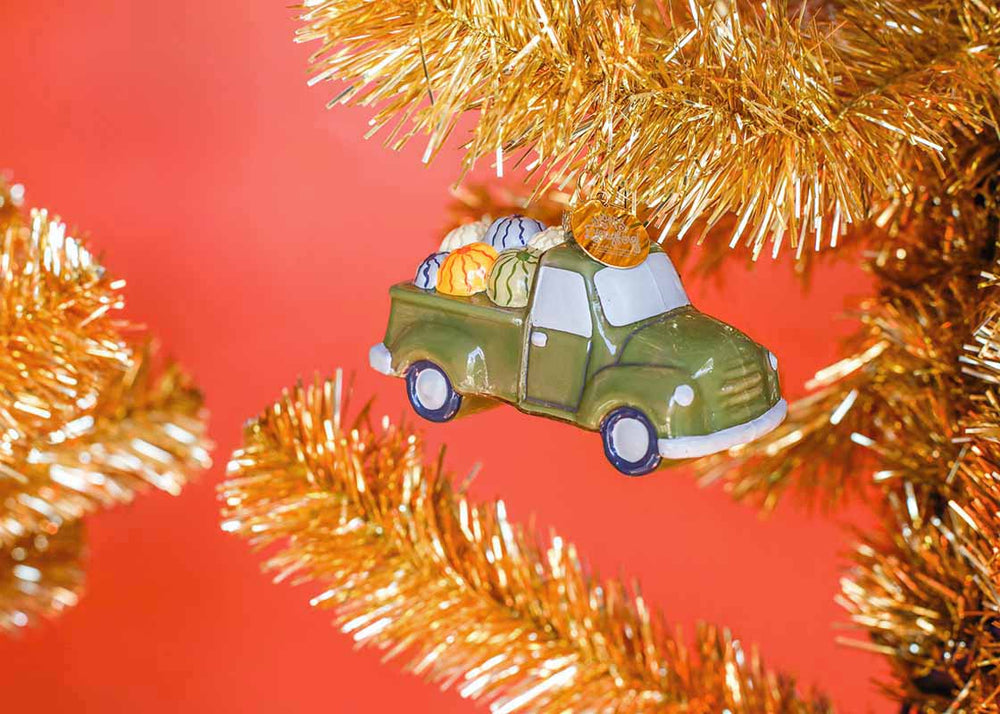 Pumpkin Truck Shaped Ornament on Gold Tinsel Tree