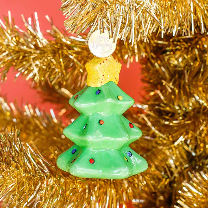 Tree Shaped Ornament on Gold Tinsel Tree