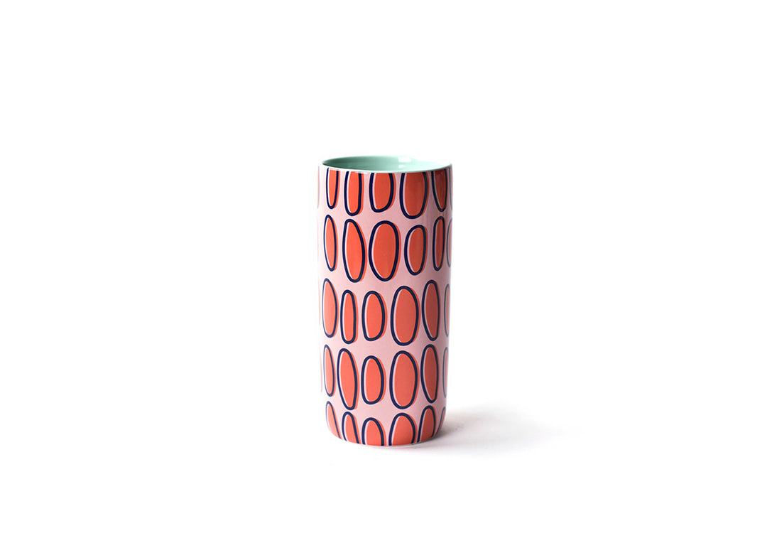 Pink Ceramic Travel Mug with Soft Red Circle Beaning Happy Everything! Design