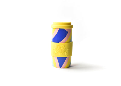 Happy Rainbow Pattern on Ceramic Flow Travel Mug with Yellow Silicone Lid and Wrap