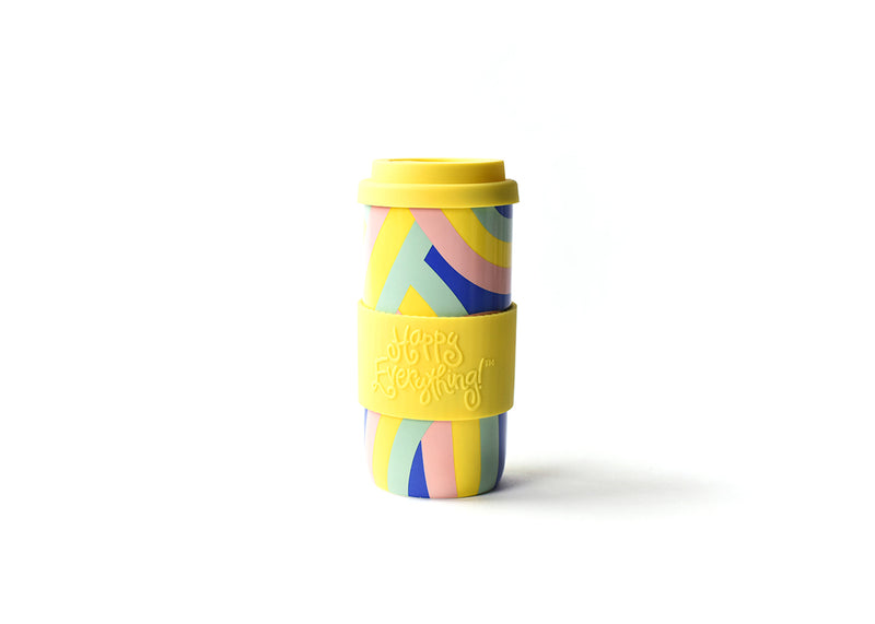 Flow Travel Mug Design with Colorful Rainbow Pattern and Yellow Spill-free Lid with Wrap
