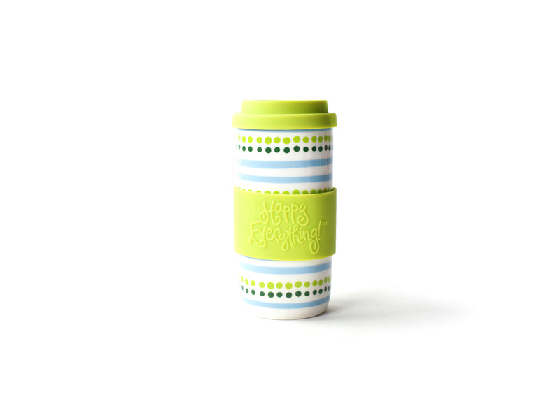 Happy Everything! Lime Green Silicone Wrap on White Ceramic Mug with Stripes and Dots