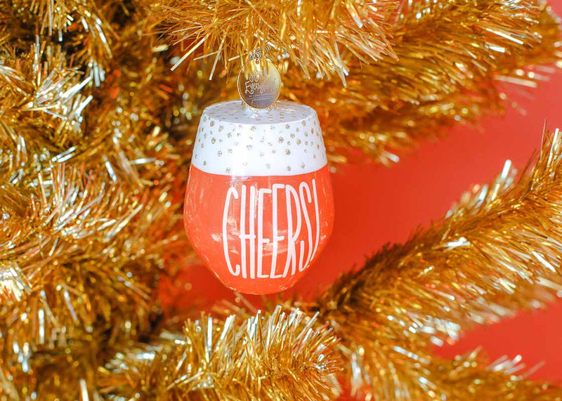 Wine Cheers Shaped Ornament on Gold Tinsel Tree